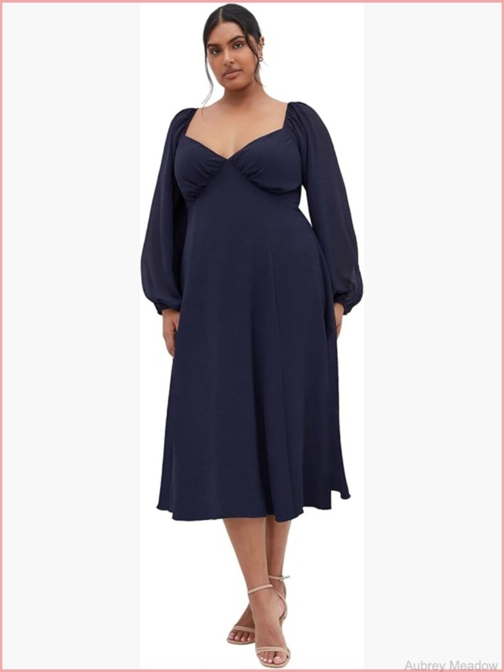 Deep V-Neck Sheer Sleeve Midi Dress Plus Size Fitted Silhouette
